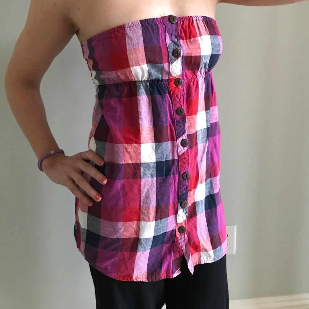 Cute strapless plaid top with elastic back SMALL - Picture 3 of 7